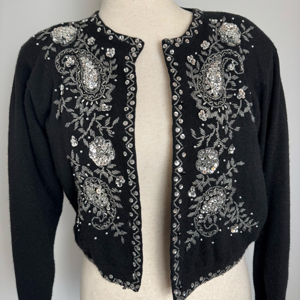 Vintage Wool Black Embellished Cardigan - Picture 2 of 7
